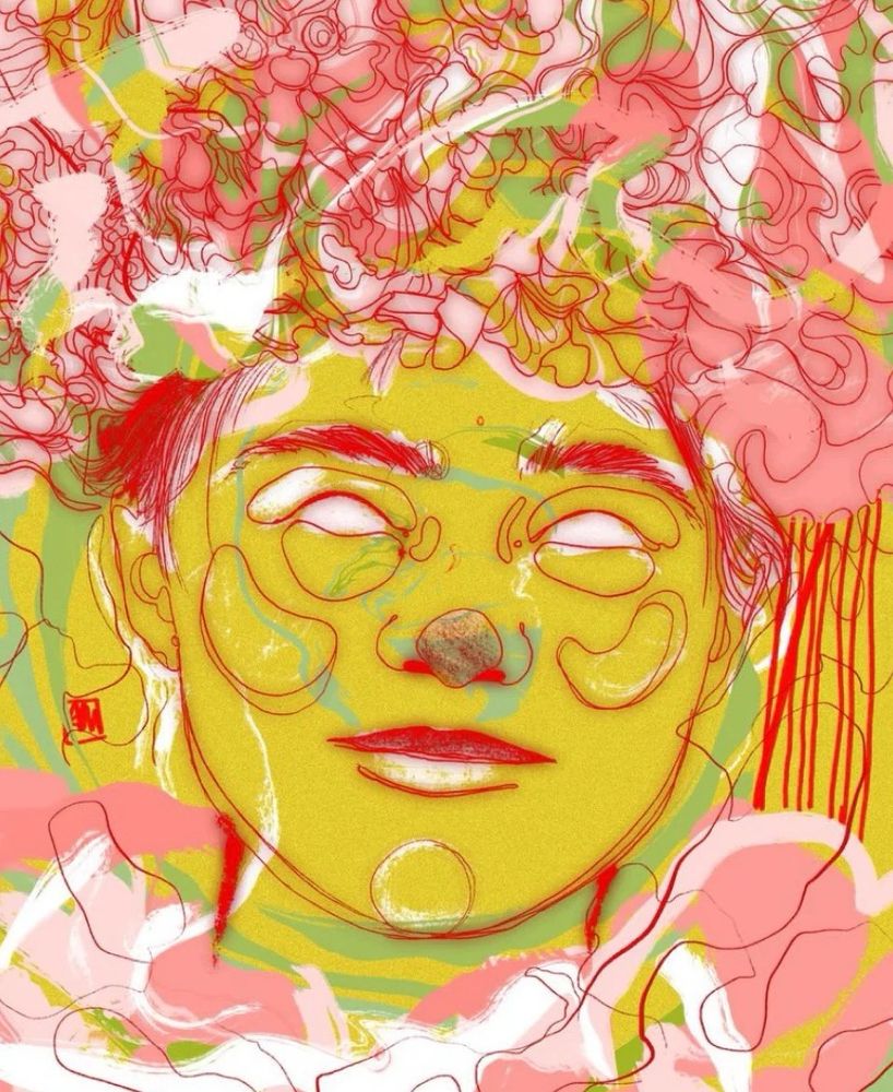 i a red line drawing of dani from midsommar wearing the flower crown. the background is swirls of green and pinks and whites