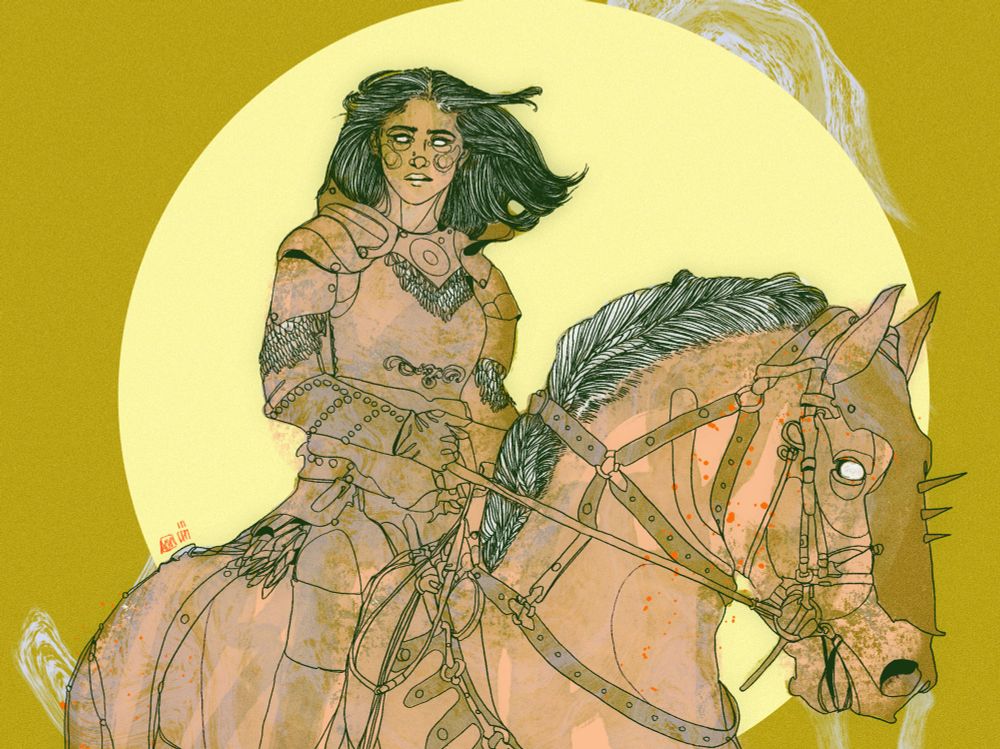 a femme knight with shoulder length hair wearing armor sits on top of a horse also wearing armor, the background is a mirky green colour with a pale yellow moon behind them 