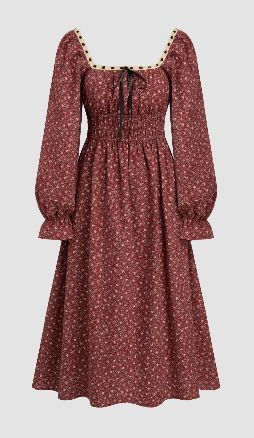 a red ditsy floral dress with long sleeves and puffy cuffs, a square neck with a dark red bow and a shirred cinched waist on a white background 