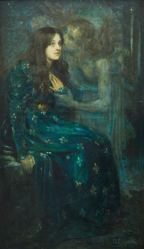 
The Silent Voice (1893) was painted by British artist Gerald Moira (1867-1959).
It's a haunting work about a voice in the lady's head, inspired by a poem written in 1833 and 1834 by Alfred, Lord Tennyson. The poem is called "The Two Voices" and deals with depression and suicide. It's a fairly controversial poem where two voices discuss both sides of the coin. This painting is particularly based on the following lines:
"Thereto the silent voice replied: "Self-blinded are you by your pride: Look up thro' night: the world is wide."
The work has triggered strong emotional reactions among its viewers. Moira painted this work at age 26 during a period in which the interest of people in the supernatural was on the rise.

a faded angelic figure is next to a pale woman with dark hair, they’re clutching at her wrist 