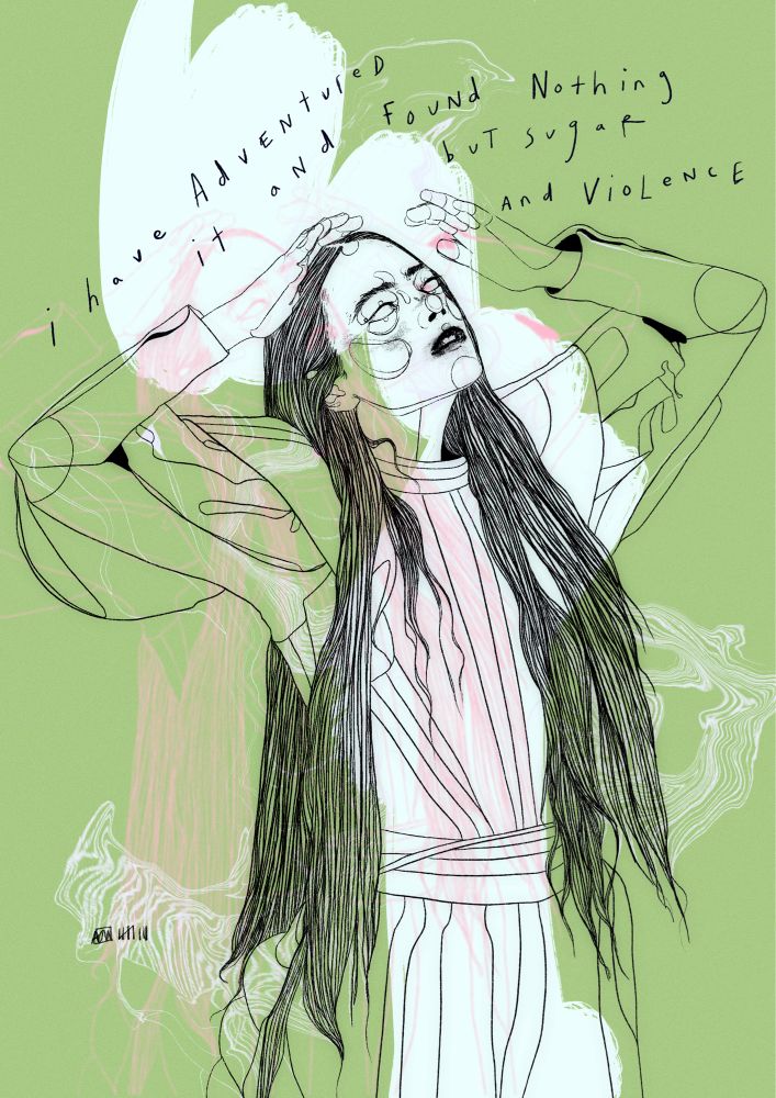 a drawing of emma stone as bella baxter from poor things, image id: a woman with long hair past her waist, her hands are being held above her head and she is looking up. there is black text on a green and white background that reads “i have adventured it and found nothing but sugar and violence”