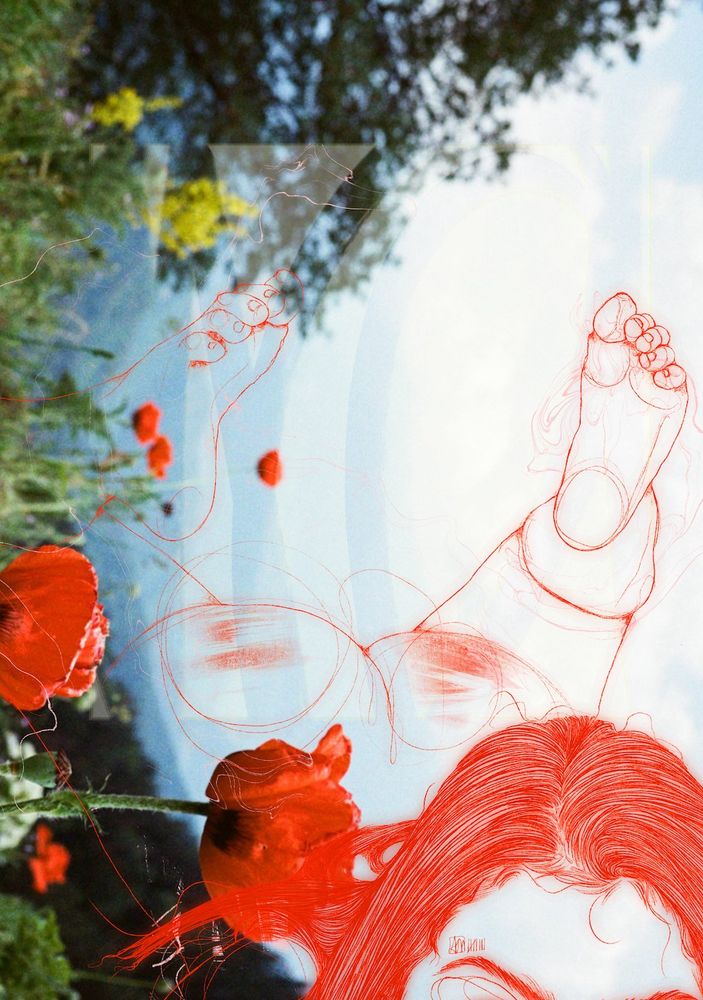 poppies and yellow wildflowers, blue sky in the background. a red pencil drawing where you can see foot soles, hair and butt cheeks.