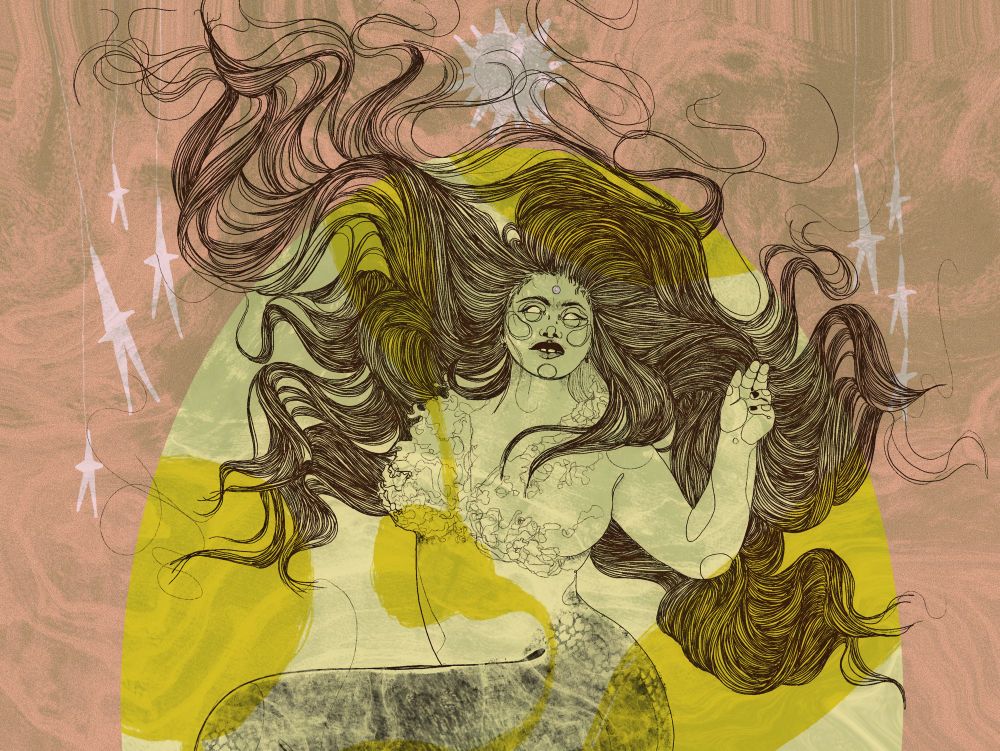 an illustration of a mermaid with long floating hair on pale pink and yellow swirling background 