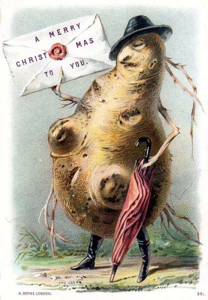 a victorian illustration of a potato as a person wearing a black hat and holding a red umbrella. he has root like arms, holding out a christmas card that reads “a merry christmas to you” 