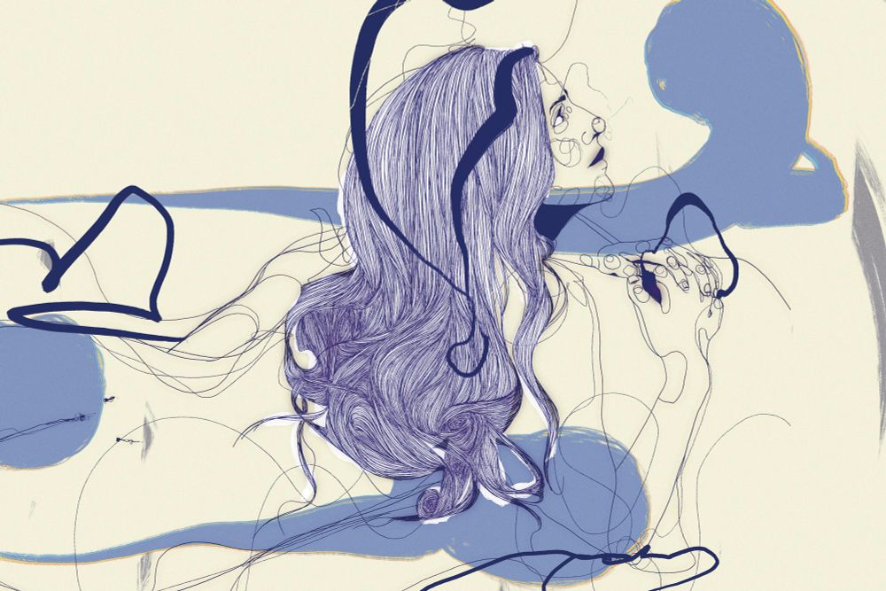a blue illustration of a woman with long hair over her shoulder, she is laying down reclining and looking up. the background is cream with blue swirls 
