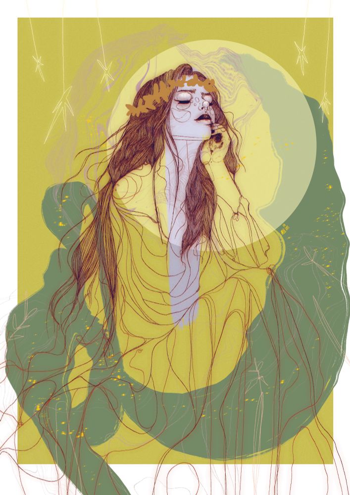 an illustration of a witch with long hair wearing a long flowing dress, her head is resting on her hand. the background is green/yellow with darker sage green swirls. tiny stars and leaves are dotted around the image 