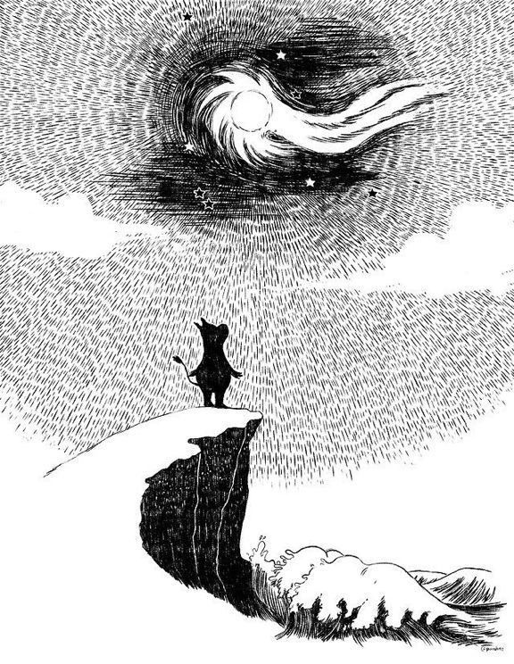 black and white tove jansson moomin illustration, moomintroll standing on a cliff top. waves crash under him as he looks up at the sky towards a swirling moon with small stars dotted around it. 
