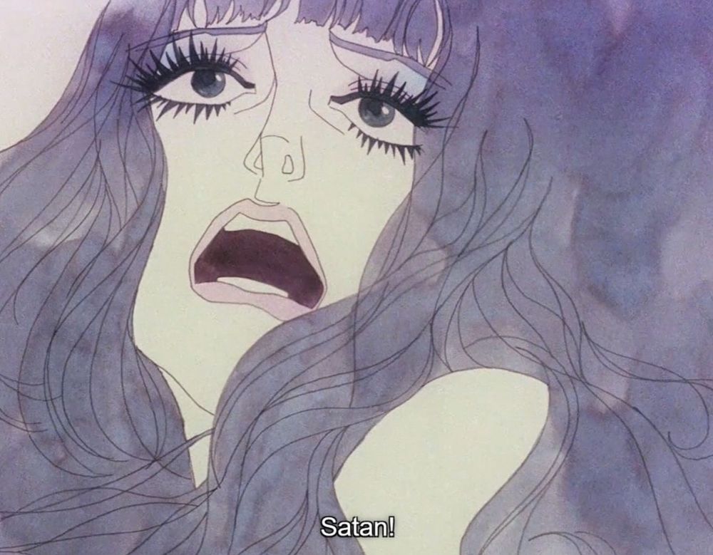 a screencap from belladonna of sadness, a cartoon illustration of a white woman with thick long purple hair and a distressed facial expression. the caption reads “satan!” 