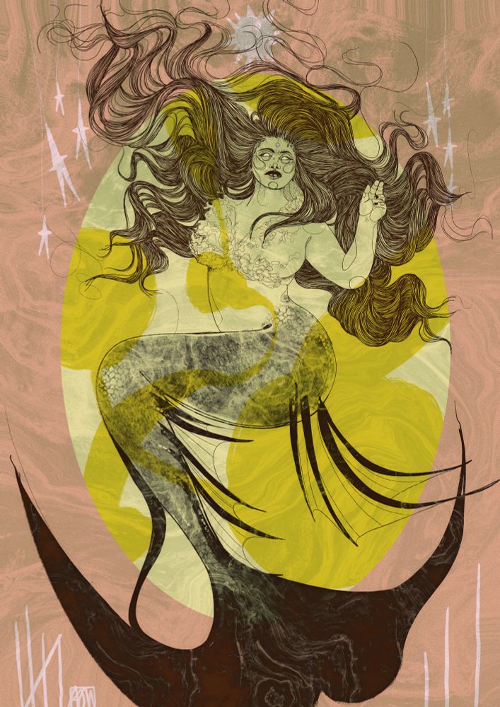 a deep brown illustration of a mermaid with long floaty hair swirling in water, in pale pink, yellows and greens 