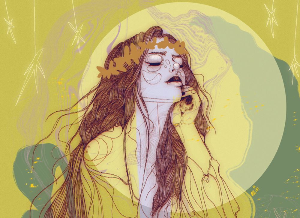 an illustration of a witch with long hair and a flower crown. she’s resting her hand on her head. the background is green with darker green and pale purple swirls 