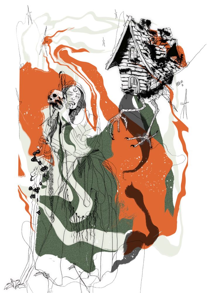 a sketchy drawing of witch holding a a staff with a skull and mushrooms on it, she’s wrapped in shawls. a cabin on bird legs is in the top right corner. swirls of orange and green make up the background 