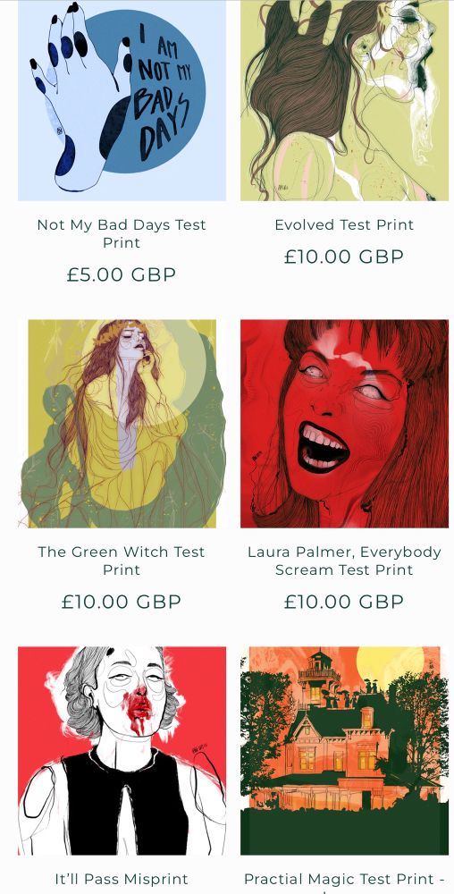  a variety of illustrations up on anni jyn’s web store in the misfits collection 

drawings of witches, hands, laura palmer, fleabag and the practical magic house 