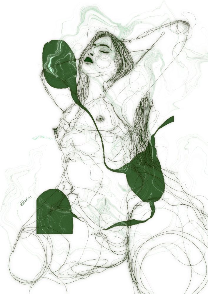 A loose flowing illustration of a person with long hair kneeling down, their arms are stretched upwards behind their head. There are light green swirls on a white background as well as dark green splotches in the centre of the drawing.