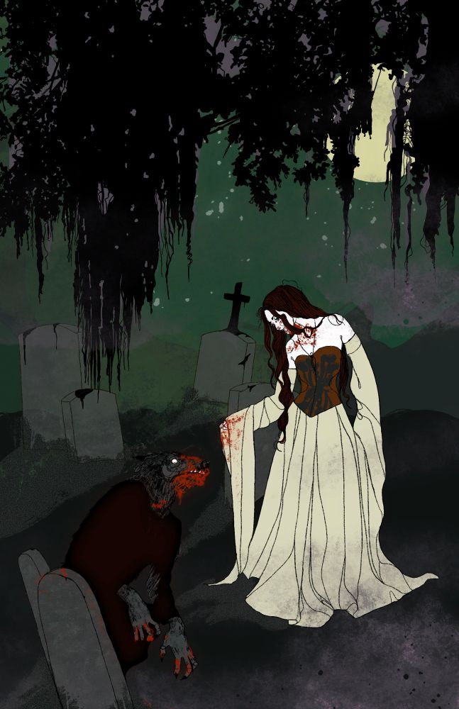 a pale femme figure with long dark hair stands wearing a dirty pale dress and a dark corset as they hold out their bloody hand towards a werewolf creature crouching on the ground (they also have blood on their mouth, throat and chest). the werewolf has a bloody face and bloody paws, they’re crouching next to gravestones that have a little blood on the very top of them. the setting is a swampy misty grave yard with a dark overhanging canopy, the moonlight and stars hang in the thick green canopy. 