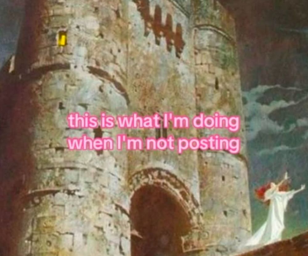 illustration of a woman wearing white with her arms outstretched running out of a castle with pink text overlayed “this is what I'm doing when I'm not posting”