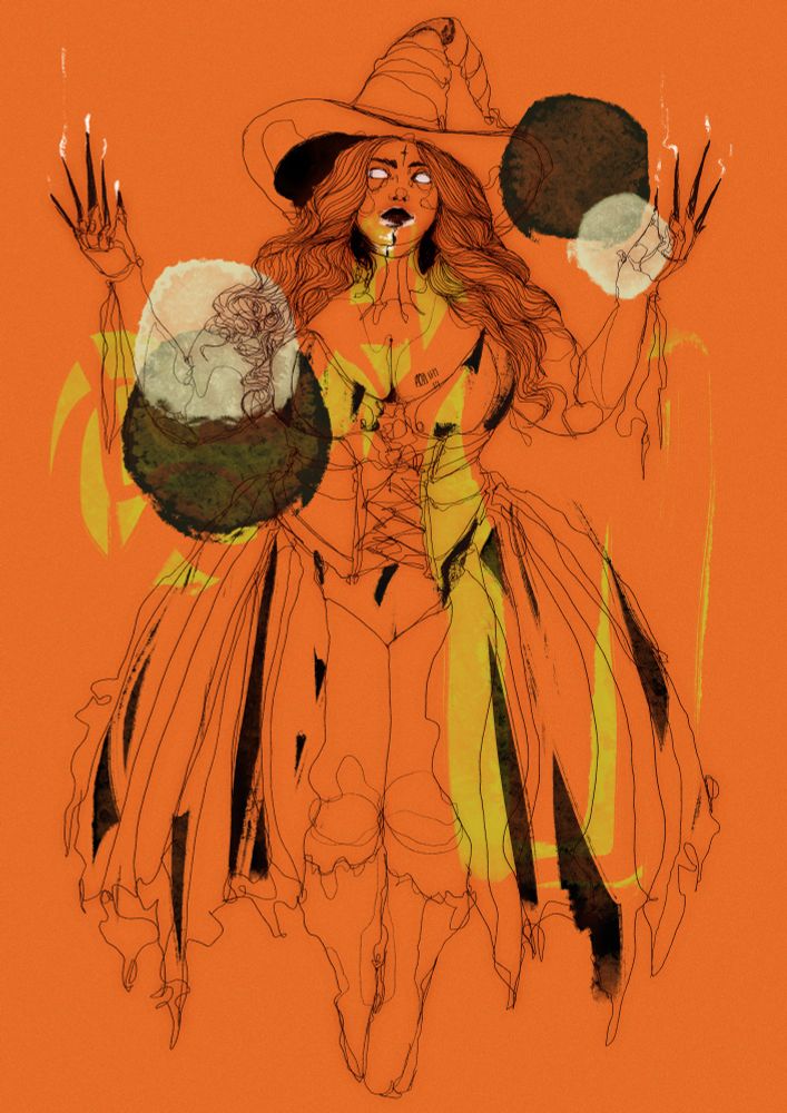sketchy line drawing of a curvaceous witch wearing a big dress with a corset. she has long curly hair and is wearing a witches hat. cream and black orbs are floating in front of her and there are yellowy green streaks on top of a deep pumpkin orange background 