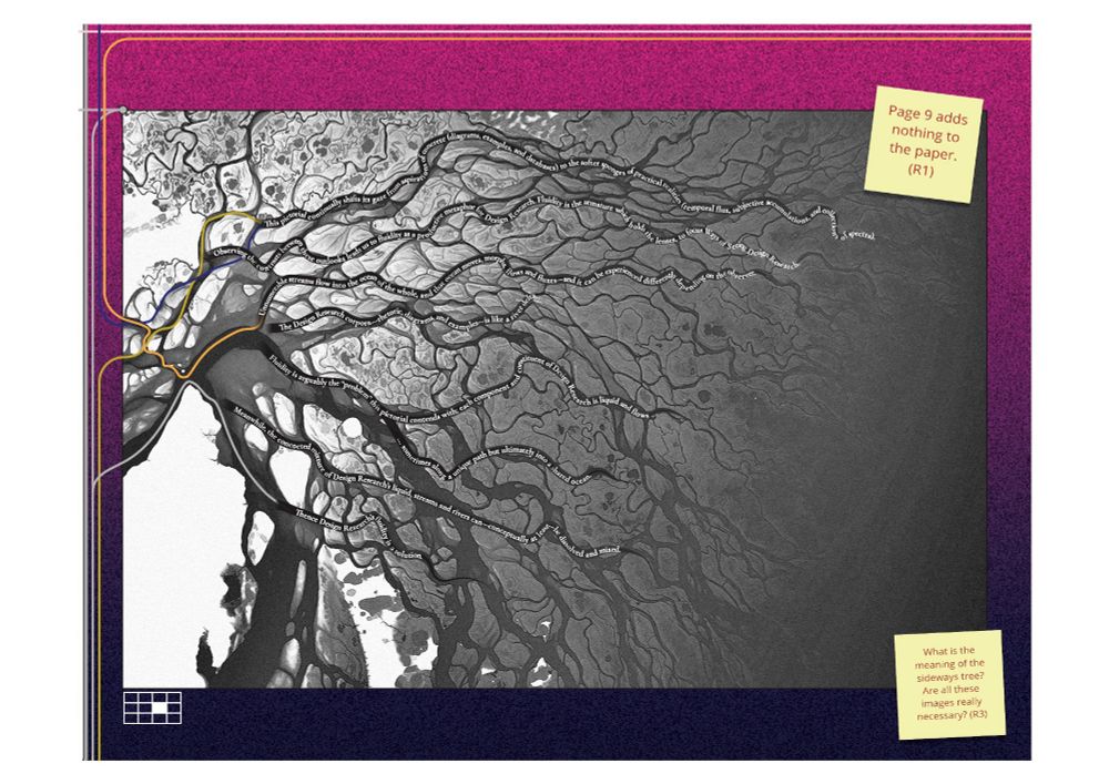image of a river delta with text overlaid that discusses various aspects of design research in a metaphorical manner... two yellow post-it notes are also shown on top of the image with negative comments from reviewers.