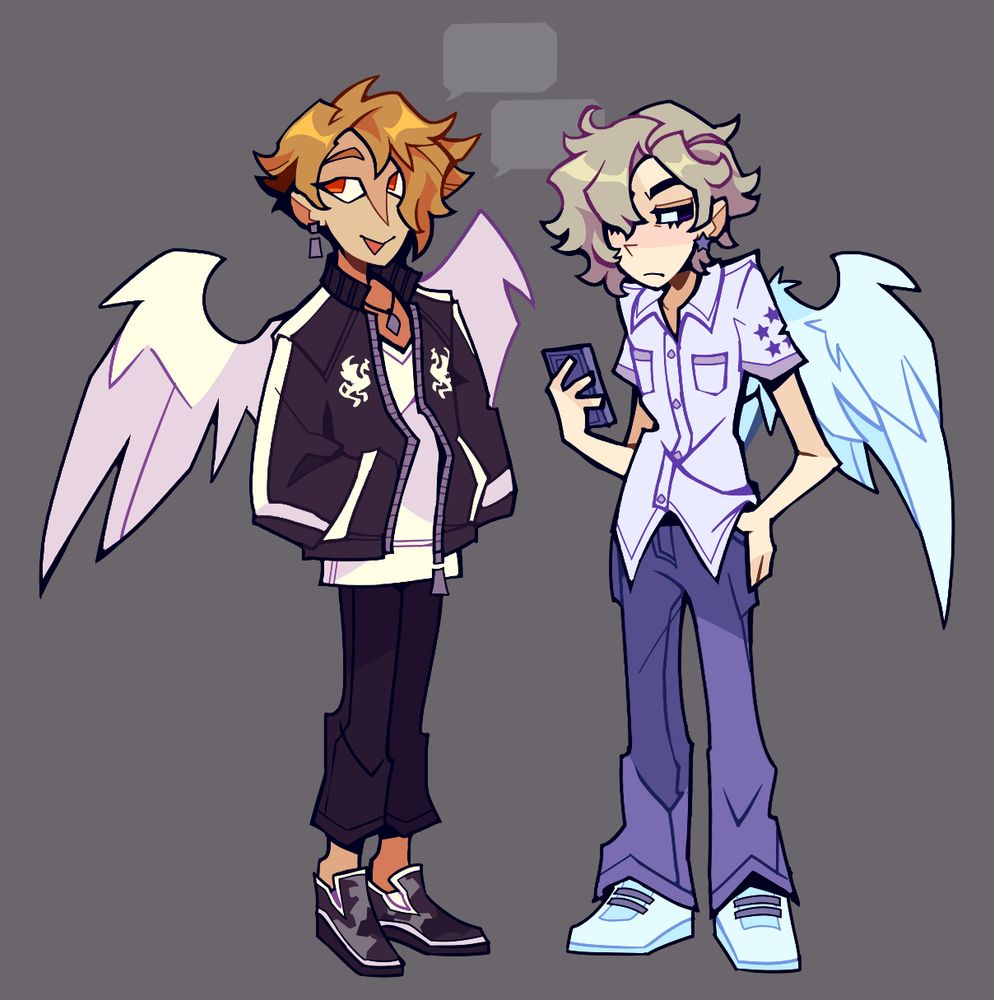 drawing of hazuki and joshua. hazuki is talking excessively while josh is clearly annoyed at his chattiness, messing with his phone and looking to the side. they are both depicted with their wings.