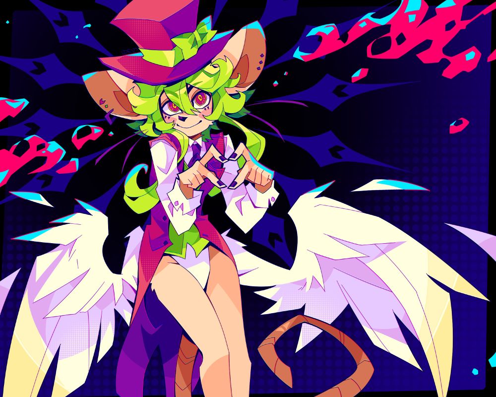 Drawing of Rat God from Mad Rat Dead. she is floating and looking forward with an off-putting yet playful grin, and she is making a heart shape with her hands. loose feathers from her wings float around her as well as bright pink and cyan particles. the background is simple and dark with an abstract halo-like shape surrounding her.