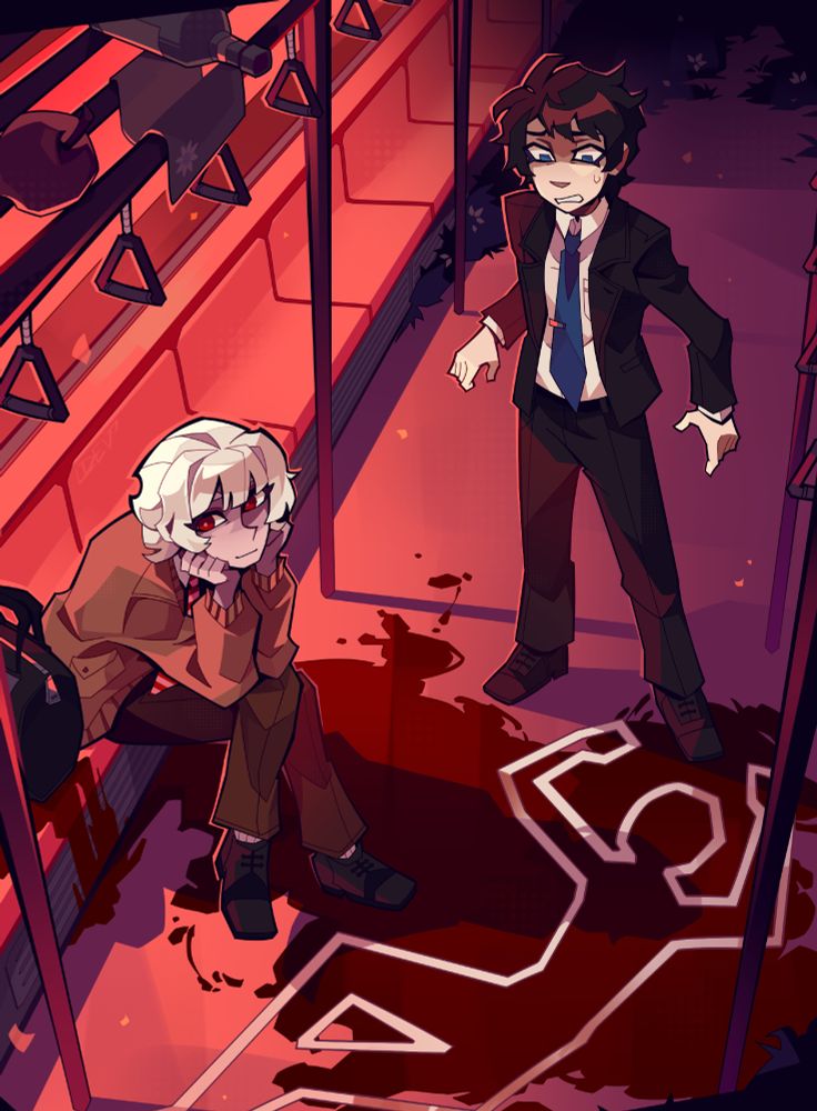 Drawing of Shion Tatsunami and Haru Akinashi from Saihate Station. they are located in one of the train cars where there is a large pool of blood on the floor along with a tape outline of a figure. Haru anxiously looks down at the scene while Shion sits on one of the seats resting his chin in his hands, unbothered and smiling slightly. the barrel bag is next to Shion on the seat. Various items from throughout the game are sitting on the luggage rack above.