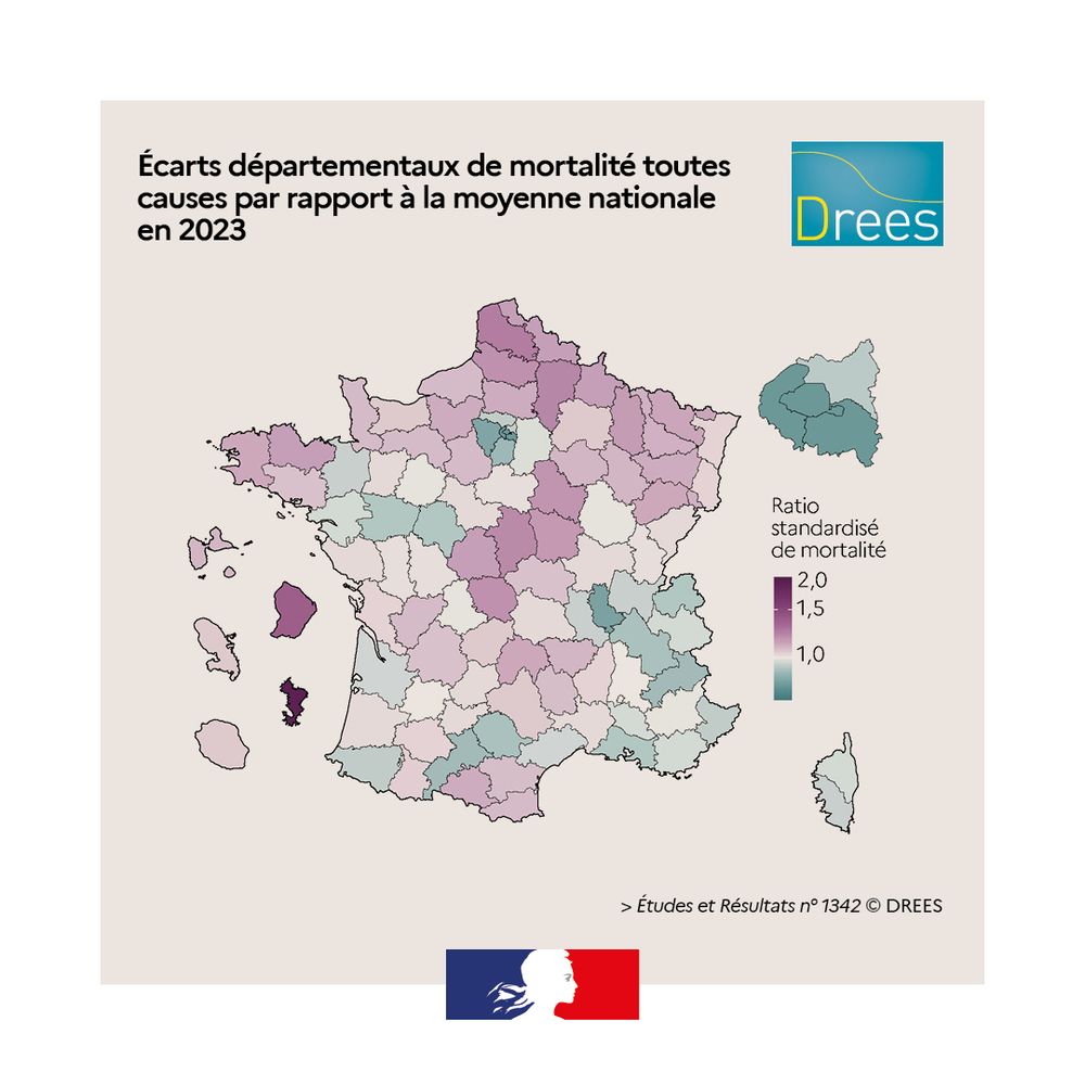 Carte : écarts départementaux de mortalité toutes causes par rapport à la moyenne nationale 
en 2023