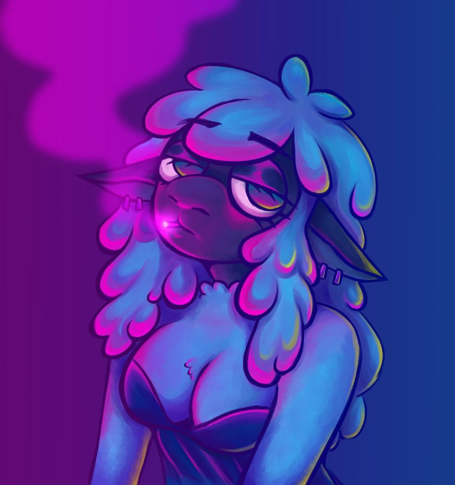 furry sheep oc smoking a cigarette in neon lights
