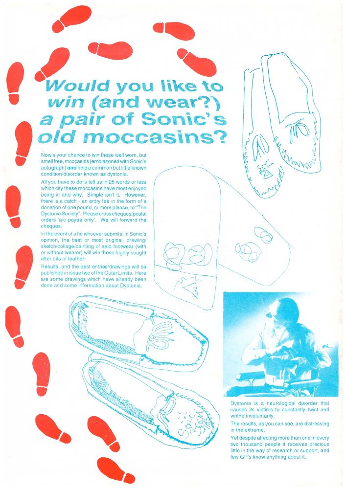 The back cover of the first issue of the Spacemen 3 fanzine Outer Limits, with a competition to win a pair of Sonic Boom's moccasins.