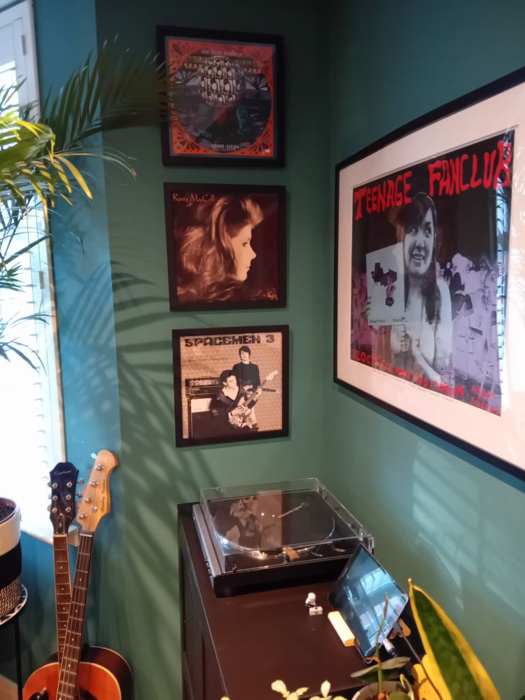 The framed LP covers in a vertical row: Giant Steps by The Boo Radleys, Kite by Kirsty McColl, and The Perfect Prescription by Spacemen 3.