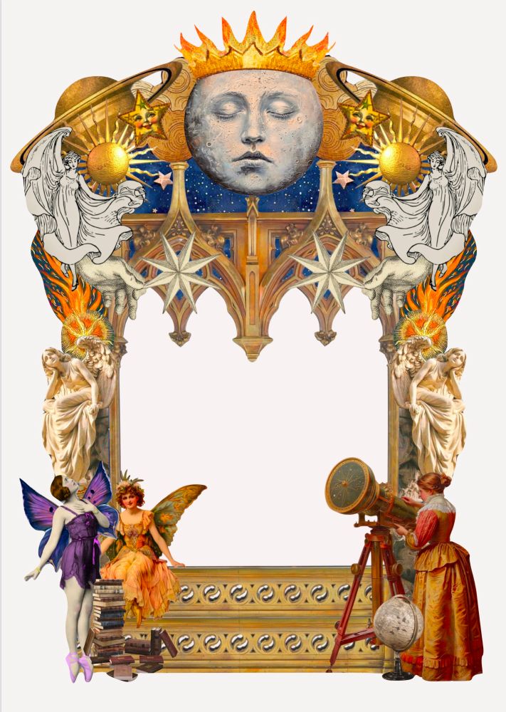 A frame for text, constructed of gothic architecture surrounded by elements including stars, comets, winged women, planets, books, stone angels, and a woman in medieval dress with a telescope and lunar globe. A crowned moon is in the centre at the top. There is no text in the space allowed for it.