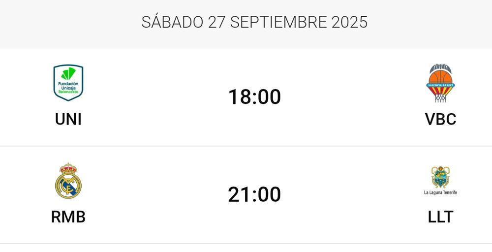 Supercopa 2025 Liga ACB.

Semifinales.

Unicaja Málaga contra Valencia Basket a las 18:00 horas.

Real Madrid contra La Laguna Tenerife a las 21:00 horas.