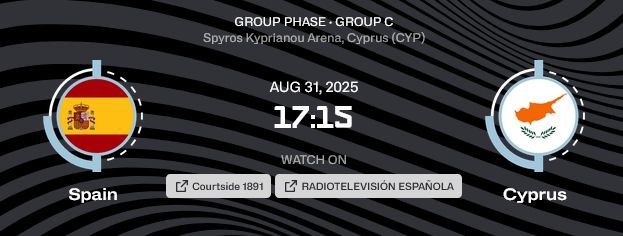 Eurobasket 2025 masculino ñ.

Tercera jornada del grupo C.

España contra Chipre a las 17:15 hoy 31 de agosto.