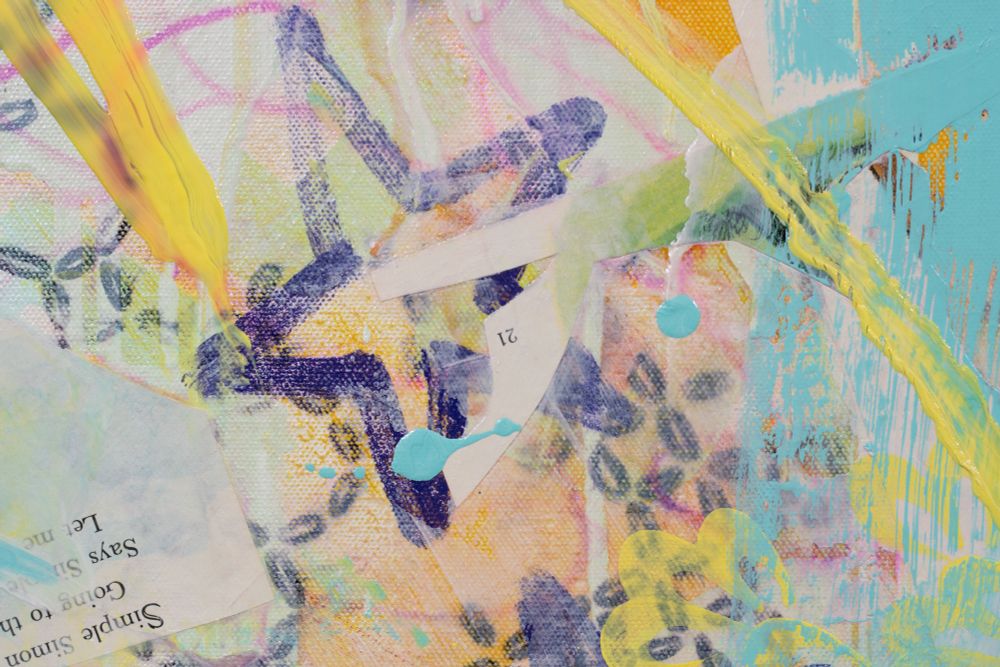 detail image featuring painted star and storybook bits with drawn pattern in the background and broad brushstroke and drips on top