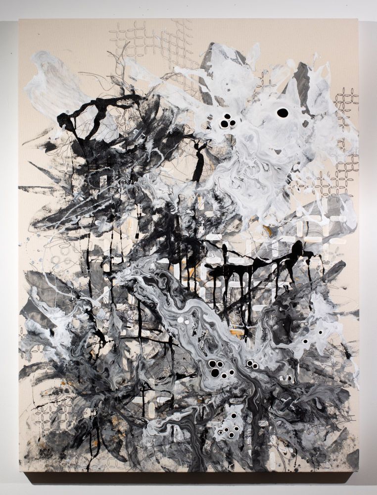 A monochromatic painting in acrylic with elements drawn in marker on raw, unprimed canvas