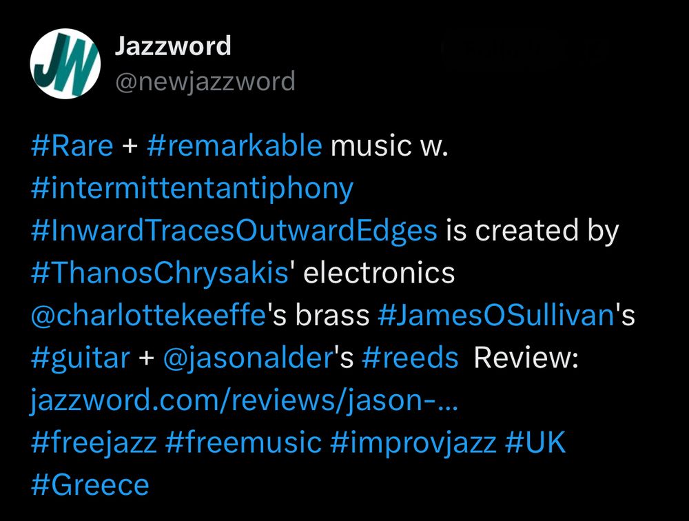 #Rare + #remarkable music w. #intermittentantiphony #InwardTracesOutwardEdges is created by #ThanosChrysakis' electronics 
@charlottekeeffe
's brass #JamesOSullivan's #guitar + 
@jasonalder
's #reeds  Review: https://jazzword.com/reviews/jason-adler-thanos-chrysakis-charlotte-keeffe-james-osullivan/
#freejazz #freemusic #improvjazz #UK #Greece