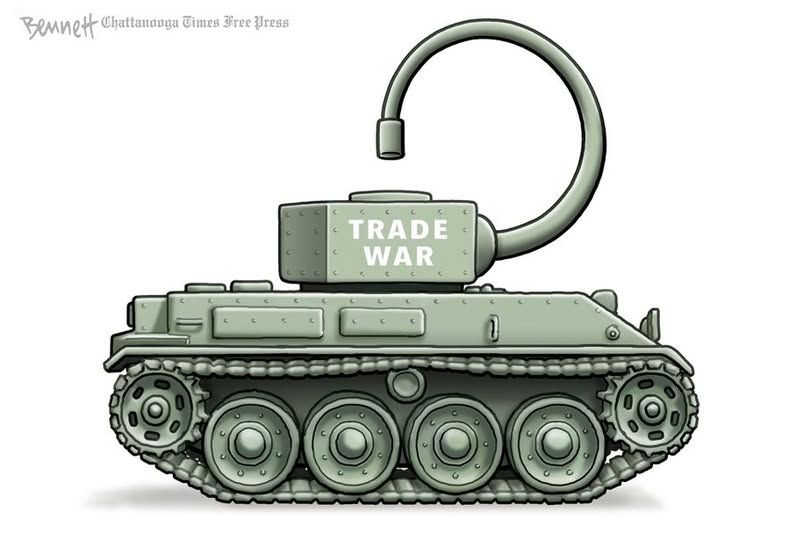 Bennett 
Chattanooga Times Free Press
A tank labelled "TRADE WAR" with the gun circling up and back so that it points down into the hatch.
