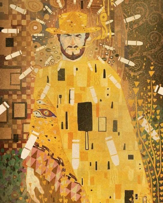 The image is a piece of fan art titled "Klimt Eastwood," created by Carl Tétreault in 2016. 

It depicts actor and director Clint Eastwood in a style inspired by the Austrian Symbolist painter Gustav Klimt, specifically referencing Klimt's "The Kiss". 