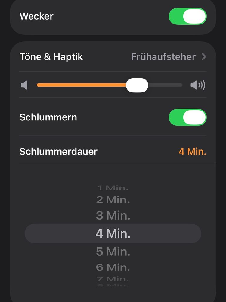 Screenshot: Schlummerdauer am Ende der Weckereinstellungem