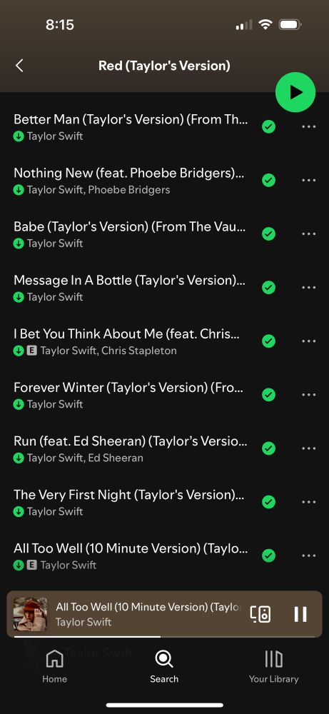 Screenshot of Spotify displaying vault tracks from Red Taylor’s Version (better man, nothing new, babe, message in a bottle, I bet you think about me, forever winter, run, the very first night, all too well 10 minute version)