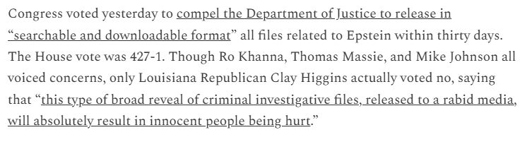 Congress voted yesterday to compel the Department of Justice to release in “searchable and downloadable format” all files related to Epstein within thirty days. The House vote was 427-1. Though Ro Khanna, Thomas Massie, and Mike Johnson all voiced concerns, only Louisiana Republican Clay Higgins actually voted no, saying that “this type of broad reveal of criminal investigative files, released to a rabid media, will absolutely result in innocent people being hurt.”