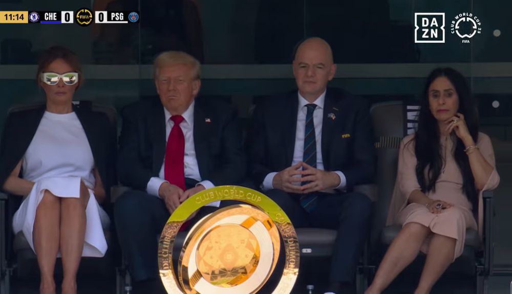Melania Trump, Donald Trump, the FIFA World Cup trophy, a gross egg head criminal, his wife.

Chelsea (owned by venture capital)

Parsi St. Germain (Owned by Qatar)

DAZN (owned by Saudi Arabia)