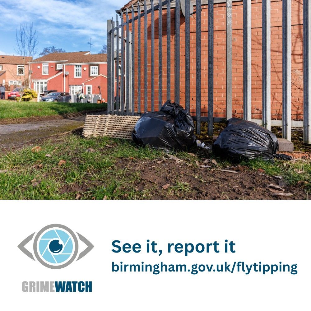 Photo of bags of rubbish next to a fence.  White panel underneath with text on screen: See it, report it birmingham.gov.uk/flytipping