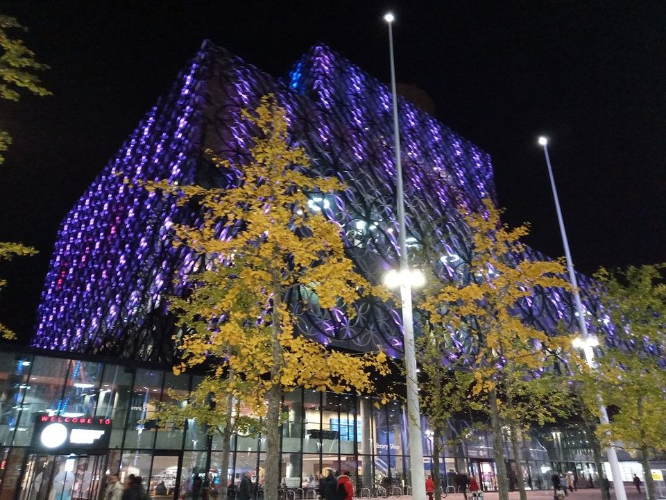 The Library of Birmingham lit up in purple for Holocaust Memorial Day