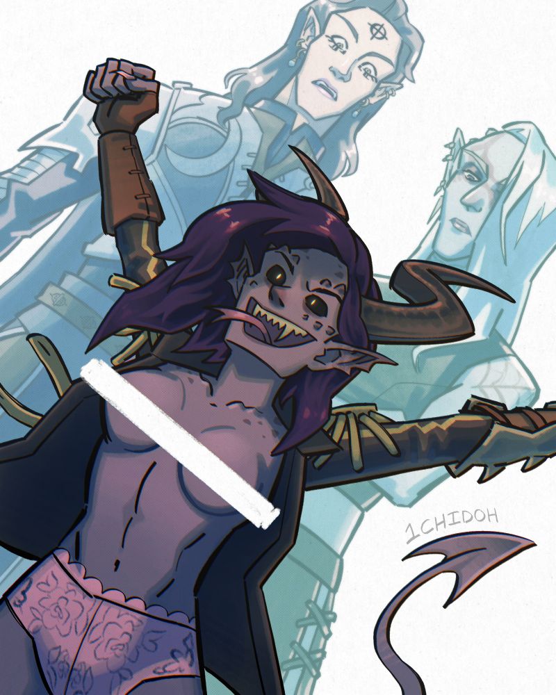 A purple Tiefling with bull horns who wears a military uniform with no pants, but instead walks around in floral undies.
