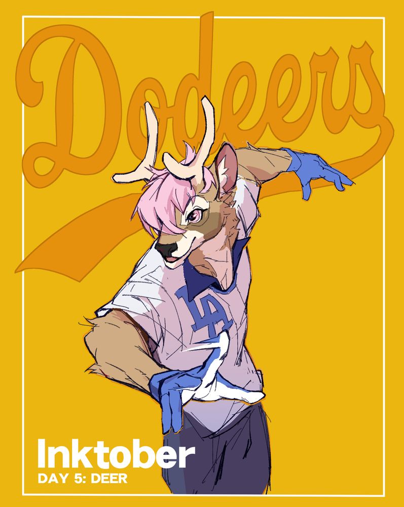 Deer with pink hair in blue and white Dodgers uniform, in front of text that says "Dodeers"
