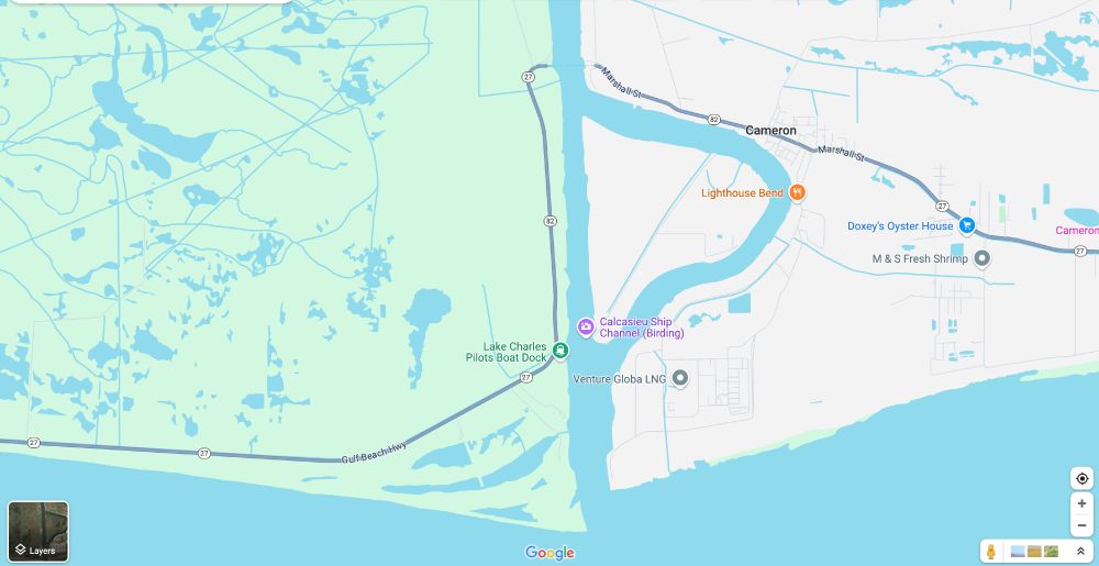 Screenshot of map of Cameron, Louisiana. It shows the location of Venture Global LNG facility in middle, along a river and at the opening to the Gulf of Mexico. On the left side of the screenshot you can see green land (Sabine National Wildlife Refuge) with long, straight segments of water which represent areas oil companies have dredged for oil fields and pipelines access. 