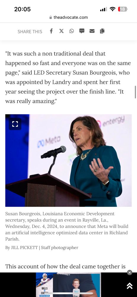 "It was such a non traditional deal that
happened so fast and everyone was on the same page," said LED Secretary Susan Bourgeois, who was appointed by Landry and spent her first year seeing the project over the finish line. "It was really amazing."

(Photo caption:)
Susan Bourgeois, Louisiana Economic Development secretary, speaks during an event in Rayville, La., Wednesday, Dec. 4, 2024, to announce that Meta will build an artificial intelligence optimized data center in Richland Parish.
By JILL PICKETT | Staff photographer
