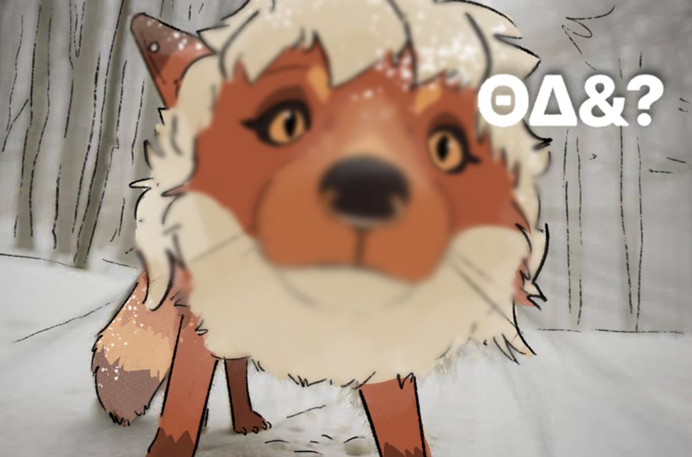 keit fox in a snowy forest with its snout eyeing down the viewer asking: "ΘΔ&?"
