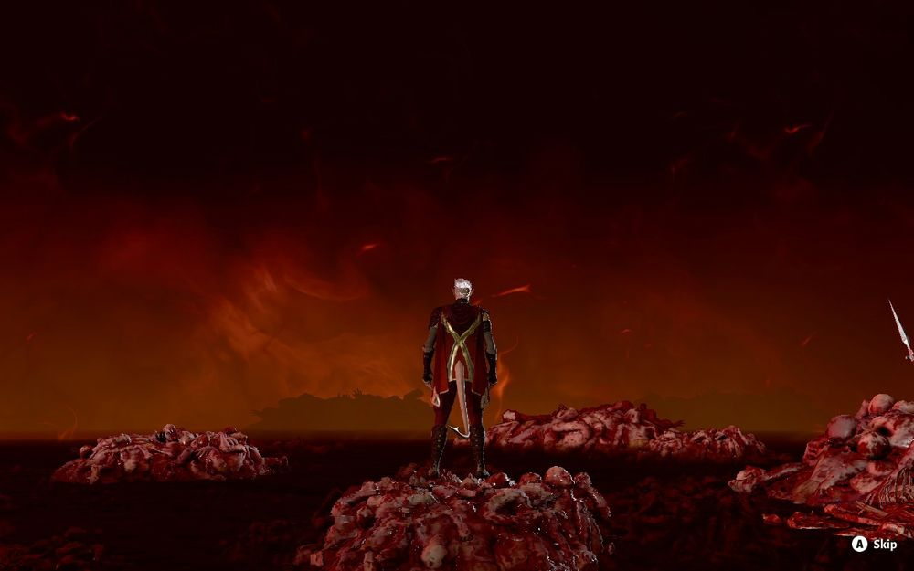 a man stands in the middle of a field of corpses. this is the dark urge evil ending from baldur's gate 3