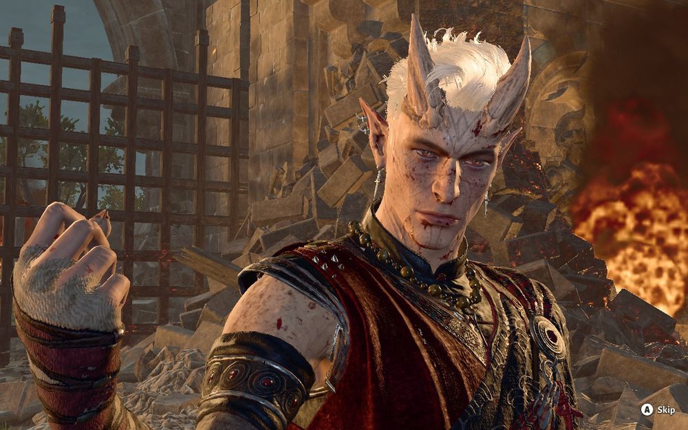 a tiefling man stands in the ruins of a city. he has white hair, short horns, and orange eyes. he is wearing red robes