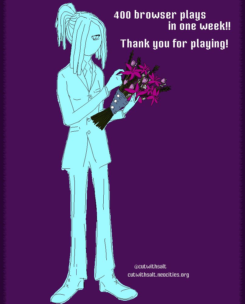 Ellenne from my game, A Flower's Felicity, wearing a suit and carrying a bouquet of flowers against a purple background.